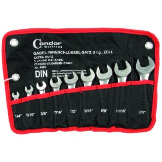 Condor Gabel-Ringschlüssel-Satz, 9-tlg., kurz, zöllig, 3/8-7/8"