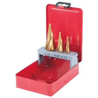 KS-TOOLS HSS TiN Stufenbohrer-Satz, Stahlblechkassette 3-tlg.