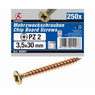 Kraftmann Mehrzweckschrauben | Kreuzschlitz PZ2 | 3,5 x 30 mm | 250 Stück