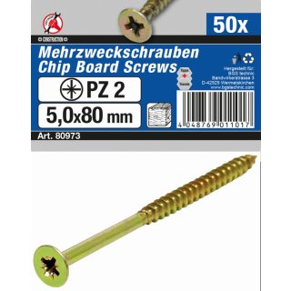 Kraftmann Mehrzweckschrauben | Kreuzschlitz PZ2 | 5,0 x 80 mm | 50 Stück