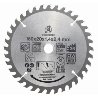 Kraftmann Hartmetall-Kreissägeblatt | Ø 160 x 20 x 2,4 mm | 36 Zähne