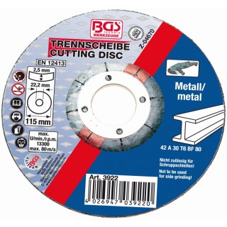 BGS technic Trennscheibe für Metall | Ø 115 x 2,5 x 22,2 mm | Typ 42