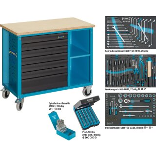 HAZET Fahrbare Werkbank mit Sortiment 177W-7/169 | Schubladen flach: 6?X 80 X 527 X 348 mm | Schubladen hoch: 1?X 165 X 527 X 348 mm | Anzahl Werkzeuge: 169
