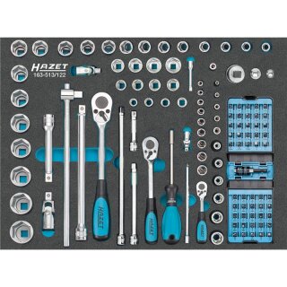 HAZET Steckschlüssel-Satz 163-513/122 | Vierkant6,3 mm (1/4 Zoll), Vierkant10 mm (3/8 Zoll), Vierkant12,5 mm (1/2 Zoll), Sechskant6,3 (1/4 Zoll) | Außen-Sechskant-Tractionsprofil, Außen TORX® Profil, Tamper Resistant TORX® Profil, Innen TORX® Profil, Inne