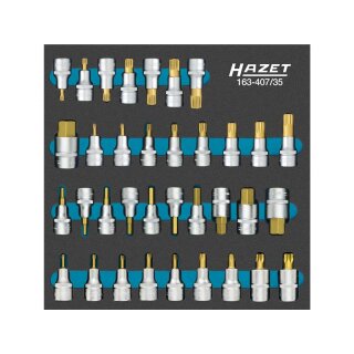 HAZET Schraubendreher-Steckschlüsseleinsatz Satz 163-407/35 | Vierkant12,5 mm (1/2 Zoll) | Innen-Sechskant Profil, Innen Vielzahn Profil XZN, Innen Keilprofil Ribe-CV, Innen TORX® Profil | Anzahl Werkzeuge: 35