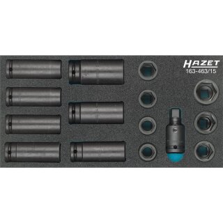 HAZET Schlag-, Maschinenschrauber Steckschlüssel Satz 163-463/15 | Vierkant12,5 mm (1/2 Zoll) | Außen-Sechskant-Tractionsprofil | Anzahl Werkzeuge: 15