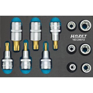 HAZET Werkzeug-Satz, TORX® 163-245/12 | Vierkant12,5 mm (1/2 Zoll) | Außen TORX® Profil, Innen TORX® Profil | Anzahl Werkzeuge: 12 | E?10  E?20 | T?30  T?60