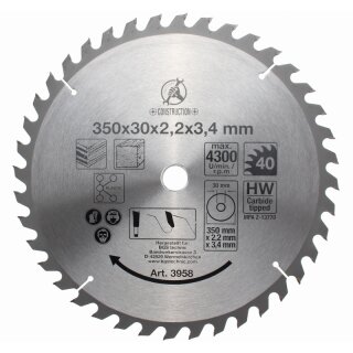 Kraftmann Hartmetall-Kreissägeblatt | Ø 350 x 30 x 3,4 mm | 40 Zähne