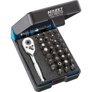 HAZET Bit-Satz 863MBIT/33 | Sechskant6,3 (1/4 Zoll) | Innen-Sechskant Profil, Kreuzschlitz Profil PH, Tamper Resistant TORX® Profil, Schlitz Profil, Pozidriv Profil PZ | Anzahl Werkzeuge: 33