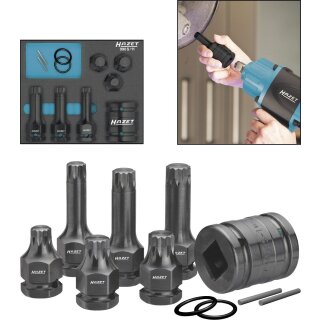 HAZET Schlag-, Maschinenschrauber Schraubendreher-Steckschlüsseleinsatz Satz 990S/11 | Vierkant20 mm (3/4 Zoll), Vierkant12,5 mm (1/2 Zoll), Außen-Sechskant 24 mm | Innen Vielzahn Profil XZN | Anzahl Werkzeuge: 11 | M14 | M16 | M18