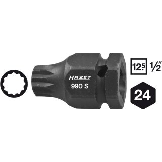 HAZET Schlag-, Maschinenschrauber Schraubendreher-Steckschlüsseleinsatz 990S-16 | Vierkant12,5 mm (1/2 Zoll), Außen-Sechskant 24 mm | Innen Vielzahn Profil XZN | 43 mm