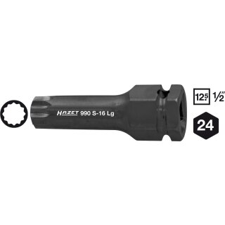 HAZET Schlag-, Maschinenschrauber Schraubendreher-Steckschlüsseleinsatz 990S-18LG | Vierkant12,5 mm (1/2 Zoll), Außen-Sechskant 24 mm | Innen Vielzahn Profil XZN | 75 mm