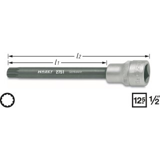 HAZET Zylinderkopf-Schraubendreher-Steckschlüssel-Einsatz 2751 | Vierkant12,5 mm (1/2 Zoll) | Innen Vielzahn Profil XZN | 140 mm
