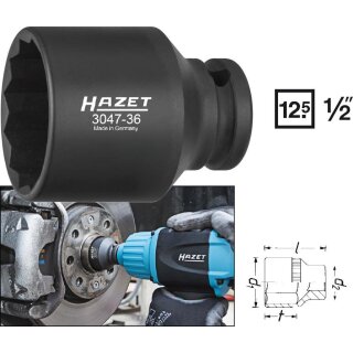 HAZET Schlag-, Maschinenschrauber Steckschlüssel-Einsatz (Doppel-6kt.) 3047-36 | Vierkant12,5 mm (1/2 Zoll) | Außen-Doppel-Sechskant Profil | 36
