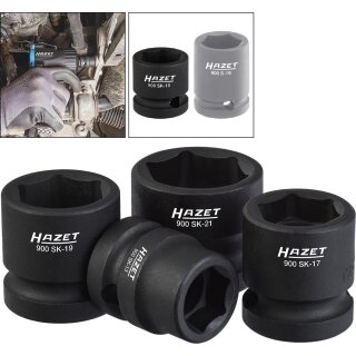 HAZET Schlag-, Maschinenschrauber Steckschlüssel Satz 900SK/4 | Vierkant12,5 mm (1/2 Zoll) | Außen-Sechskant-Tractionsprofil | Anzahl Werkzeuge: 4 | 13 | 17 | 19 | 21