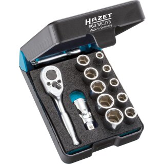 HAZET Steckschlüssel-Satz 863MC/13 | Vierkant6,3 mm (1/4 Zoll) | Außen-Sechskant-Tractionsprofil | Anzahl Werkzeuge: 13