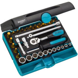 HAZET Steckschlüssel-Satz 854-1 | Vierkant6,3 mm (1/4 Zoll) | Außen-Sechskant-Tractionsprofil, Innen-Sechskant Profil, Kreuzschlitz Profil PH, Pozidriv Profil PZ, Schlitz Profil | Anzahl Werkzeuge: 33