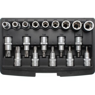 Kraftmann Bit-Einsatz-/Steckschlüssel-Satz | Antrieb Innensechskant 12,5 mm (1/2") | T-Profil (für Torx)/E-Profil | 19-tlg.