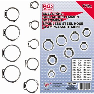 BGS technic Edelstahl-Schlauchklemmen-Sortiment | Ø 5,8 - 21 mm | 170-tlg.