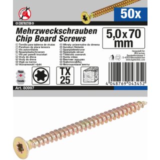 Kraftmann Mehrzweckschrauben | T-Profil (für Torx) T25 | 5,0 x 70 mm | 50 Stück