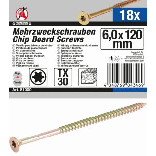 Kraftmann Mehrzweckschrauben | T-Profil (für Torx) T30 | 6,0 x 120 mm | 18 Stück