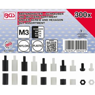 BGS technic Abstandhalter-Schrauben und Sechskant-Muttern-Sortiment | Nylon | 300-tlg.