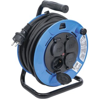 BGS technic Kabeltrommel | 25 m | 3x1,5 mm² | 4 Steckdosen mit Verschlusskappe | IP 44 | 3500 W
