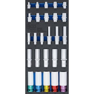 BGS Werkstattwageneinlage 1/3: Steckschlüssel-Einsätze | Sechskant, tief 11 – 22 mm | E-Profil E10 - E22 | 6,3 mm (1/4"), 10 mm (3/8"), 12,5 mm (1/2") | 26-tlg.